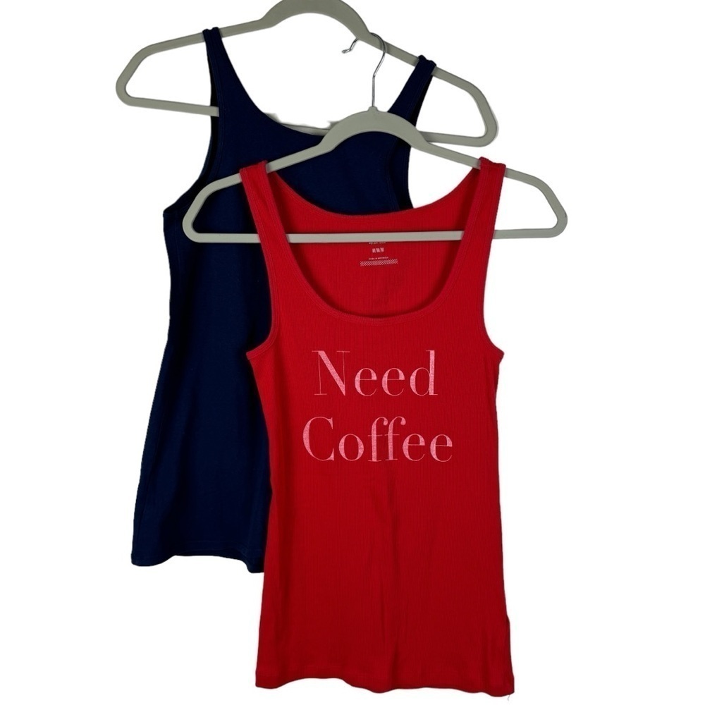 Old Navy 2 Tank Tops Red Ribbed "Need Coffee" and Navy Blue Tank Women's Medium